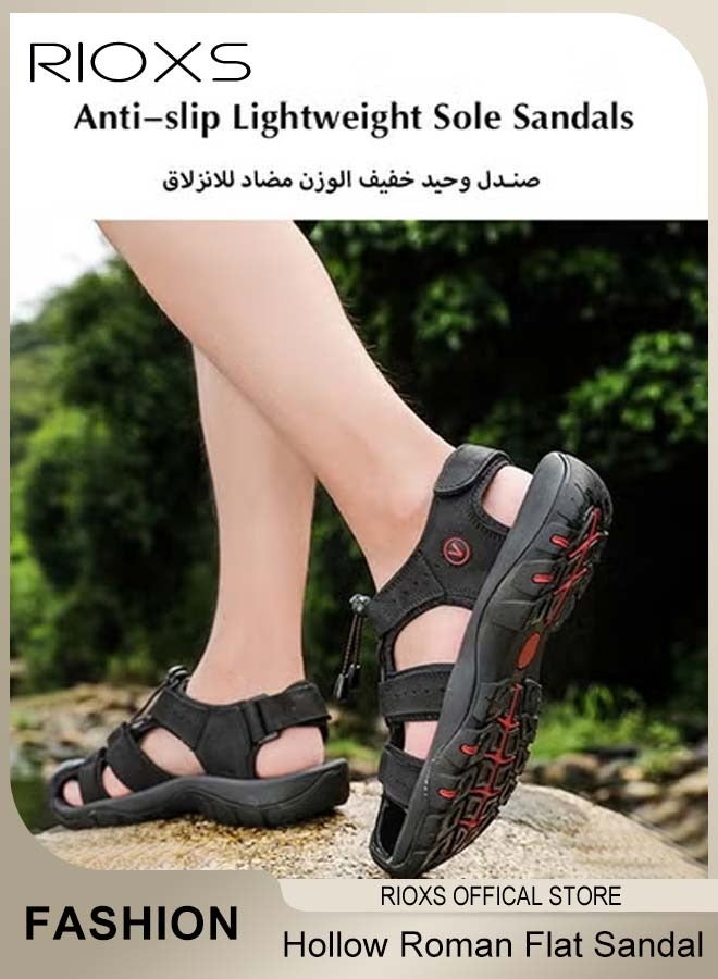 RIOXS Men's Hollow Roman Sandals, Round Closed Toe Flat Sandals, Leather Fisherman Sandals, Athletic Sport Casual Sandals for Men, Waterproof Summer Beach Water Sandals, Lightweight Walking Slids Sandals, Sandals for Trail Beach, Black Hiking Sandals - Image 4